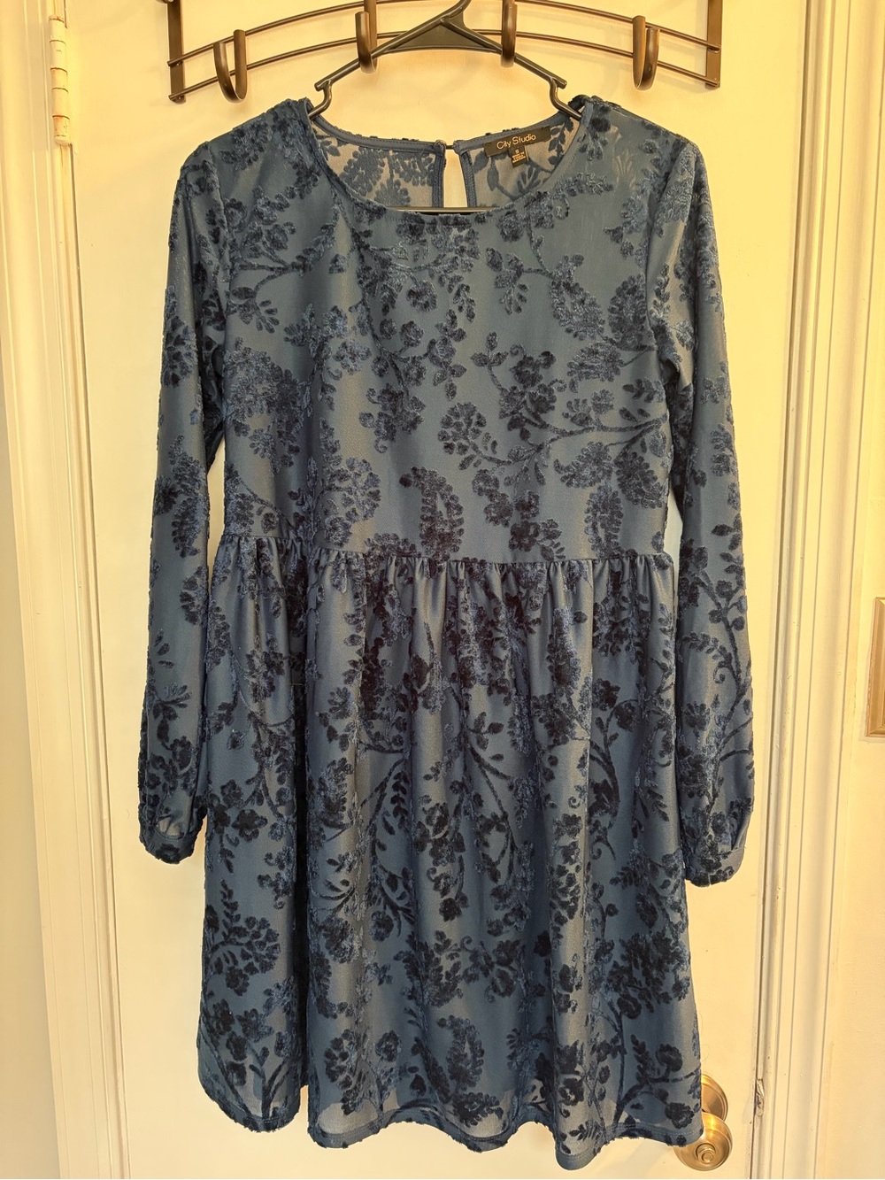 City Studio Blue Floral Velvet Burnout Long-Sleeve Dress